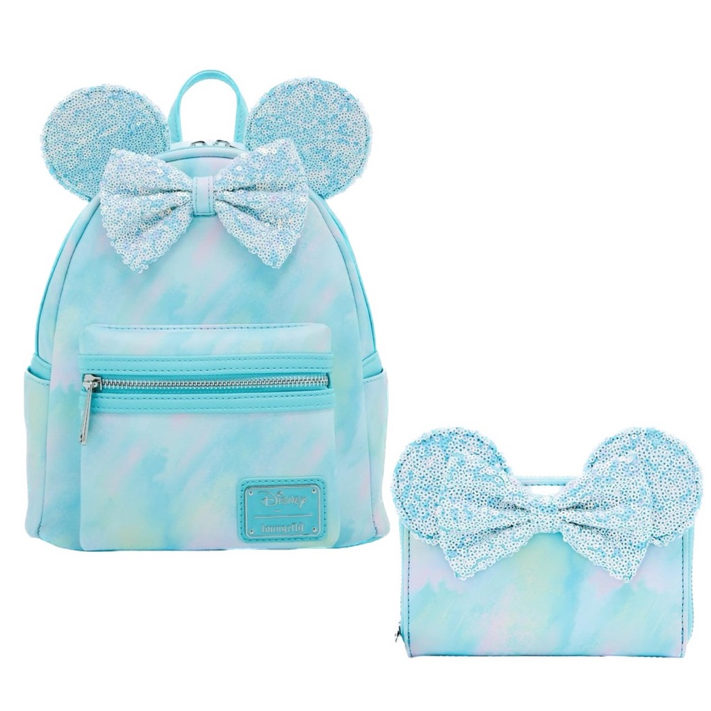 NEW Loungefly Disney Minnie Mouse blue Sequin Bow Mini Backpack and wallet set - Picture 1 of 12
